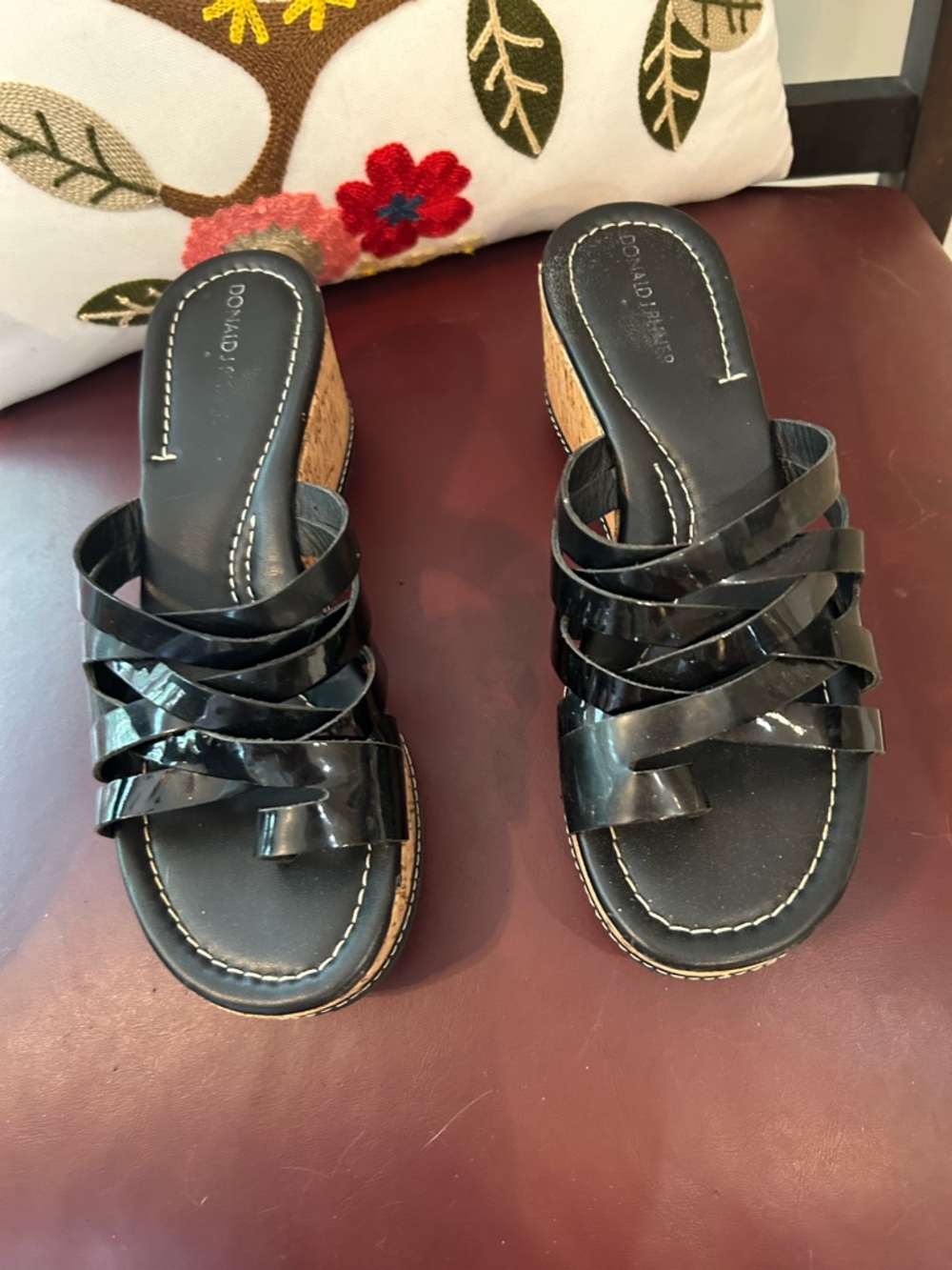 Donald J. Pliner Black Patent Strappy Wedge Sandals. Size 7.5.